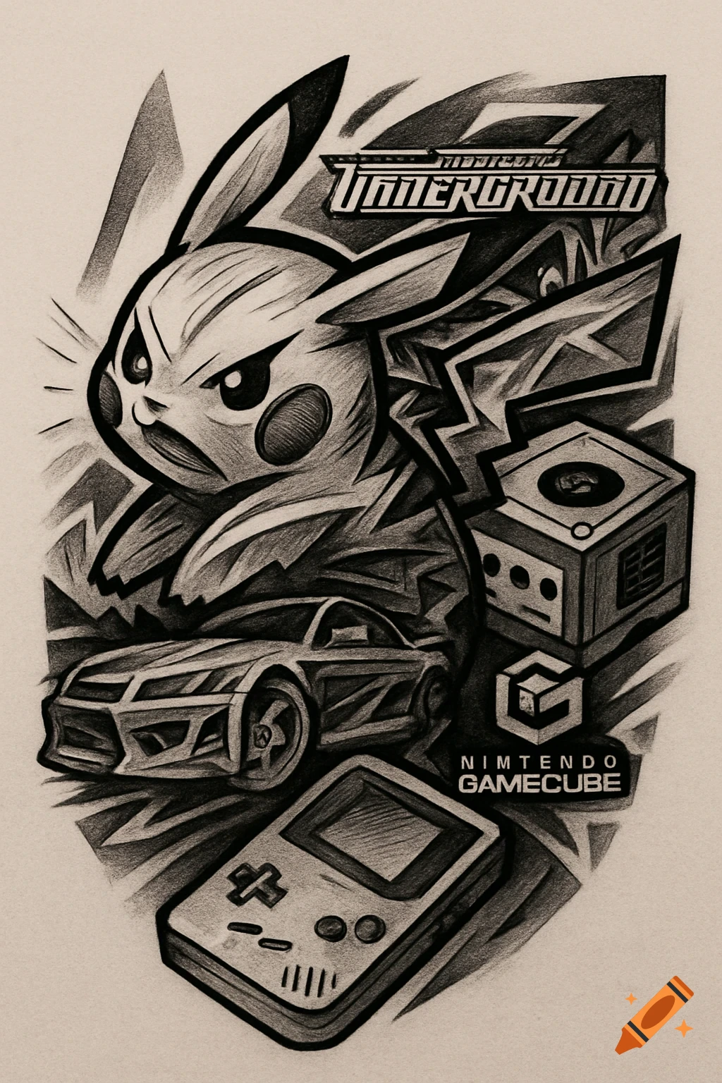 A black and gray tattoo art collage features an angry abstract Pikachu, a stylized racing car, a GameCube, and a Game Boy.