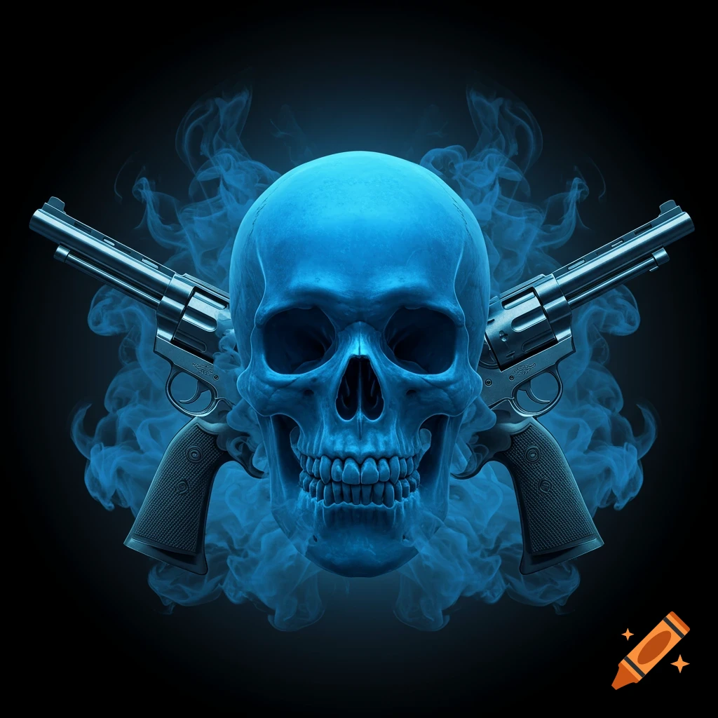 A glowing blue skull with two silver revolvers crossed behind it, enveloped in blue smoke against a black background.