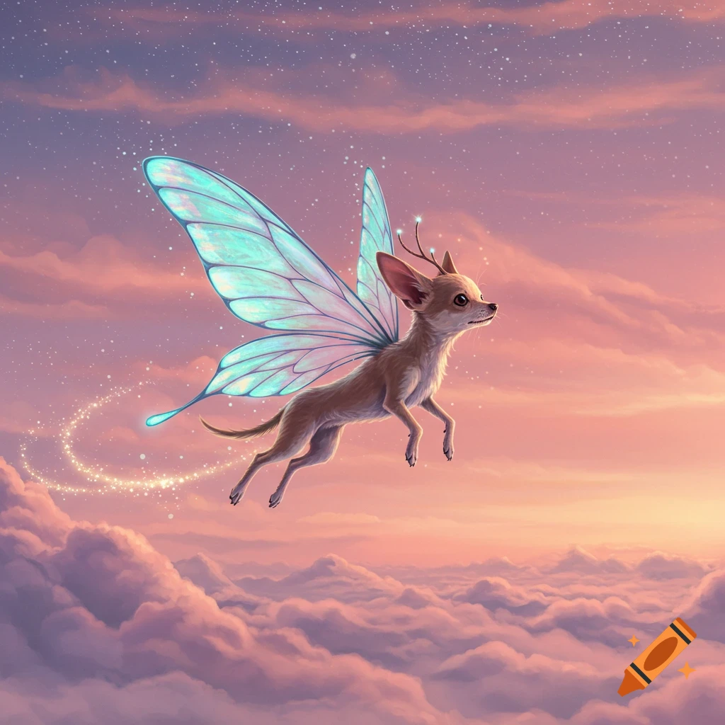 A fantastical chihuahua with glowing turquoise butterfly wings and small antlers flies through a sunset sky filled with pink and purple clouds and sparkling stars.