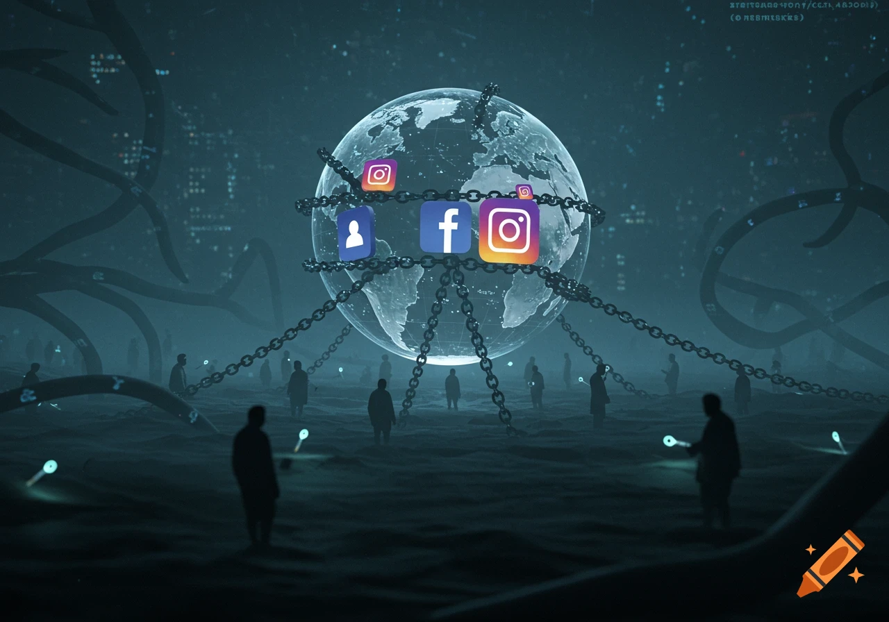 A translucent globe chained with social media logos (Instagram, Facebook) floating around it, over a dark, wavy landscape with silhouetted figures and glowing tendrils.