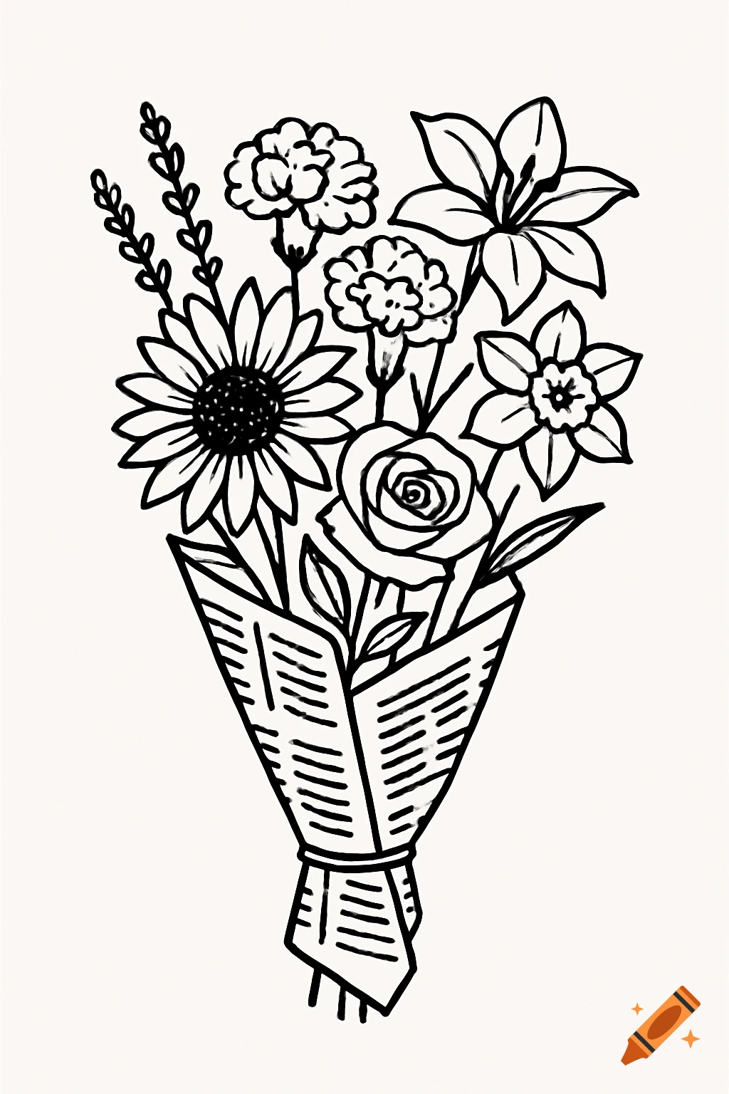 A black and white line art illustration of a flower bouquet, including sunflowers, roses, and other blooms, wrapped in stylized newspaper.