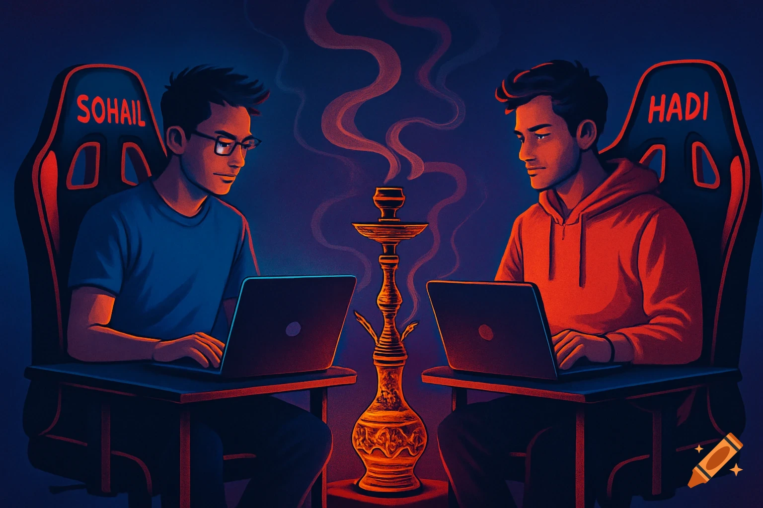 Two young men in an illustration style sit at desks with laptops and gaming chairs, separated by a glowing hookah, in a dimly lit room.