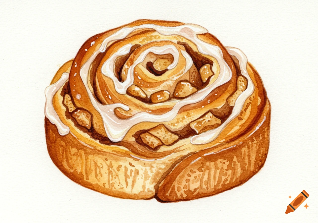 Watercolor illustration of a delicious cinnamon bun with white icing and apple pieces on a white background.