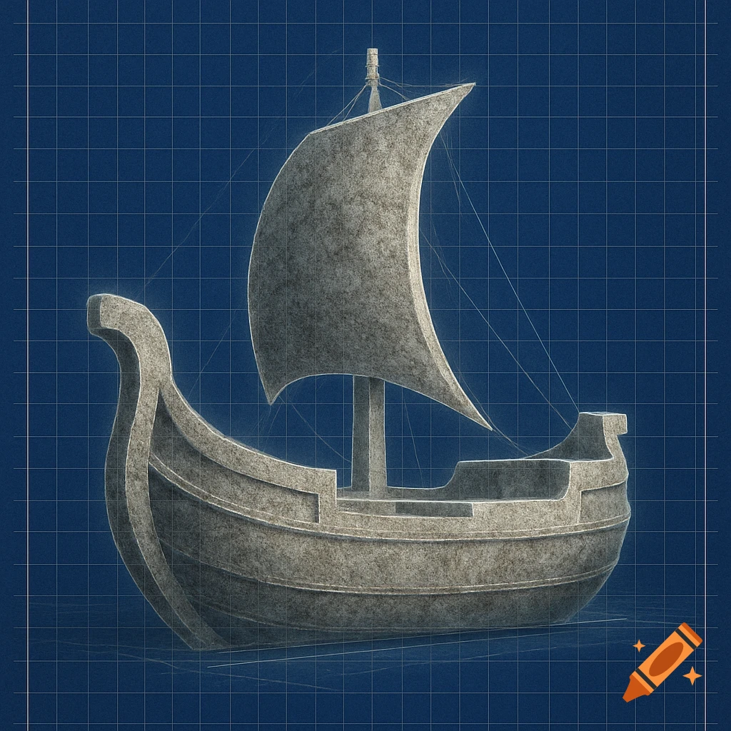 A stylized blueprint illustration of a stone boat with a single sail, set against a dark blue grid background.