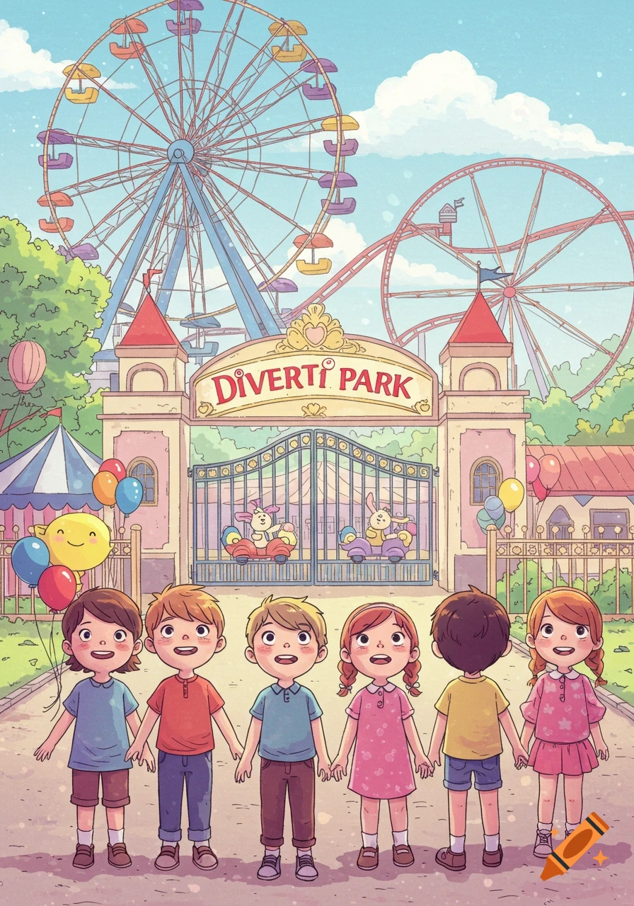 Six cartoon children stand hand-in-hand, looking at the entrance of "Diverti Park" with a Ferris wheel and roller coaster in the background.