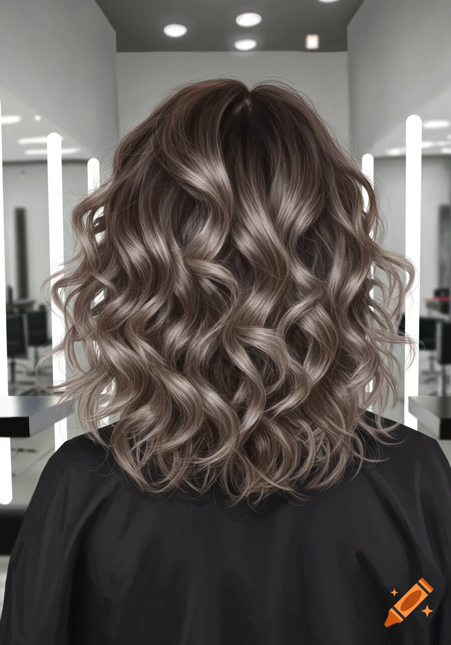 Back of a person with shiny, shoulder-length, curly ash blonde hair in a modern salon.