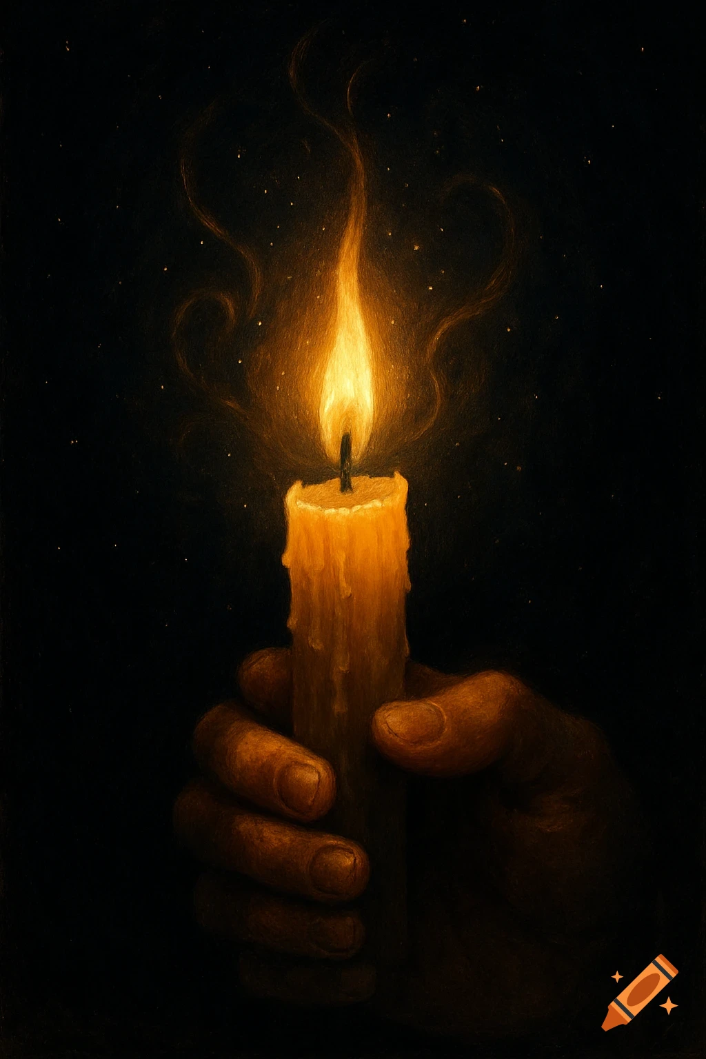A hand holds a glowing, melting candle in a dark, starry scene, painted in a realistic style.