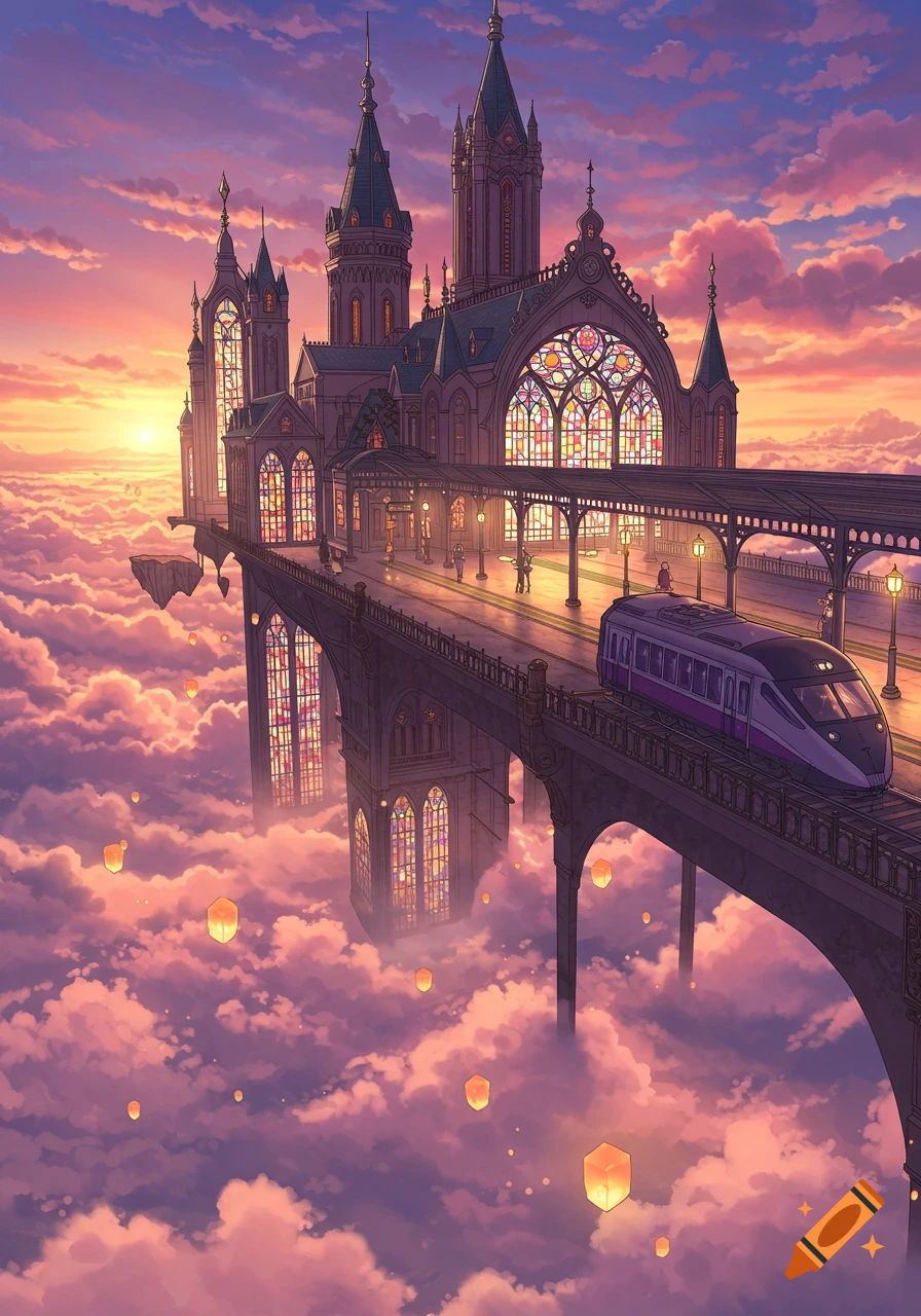 Anime fantasy train station floating in a sunset sky above clouds, with a purple train on its elevated tracks.