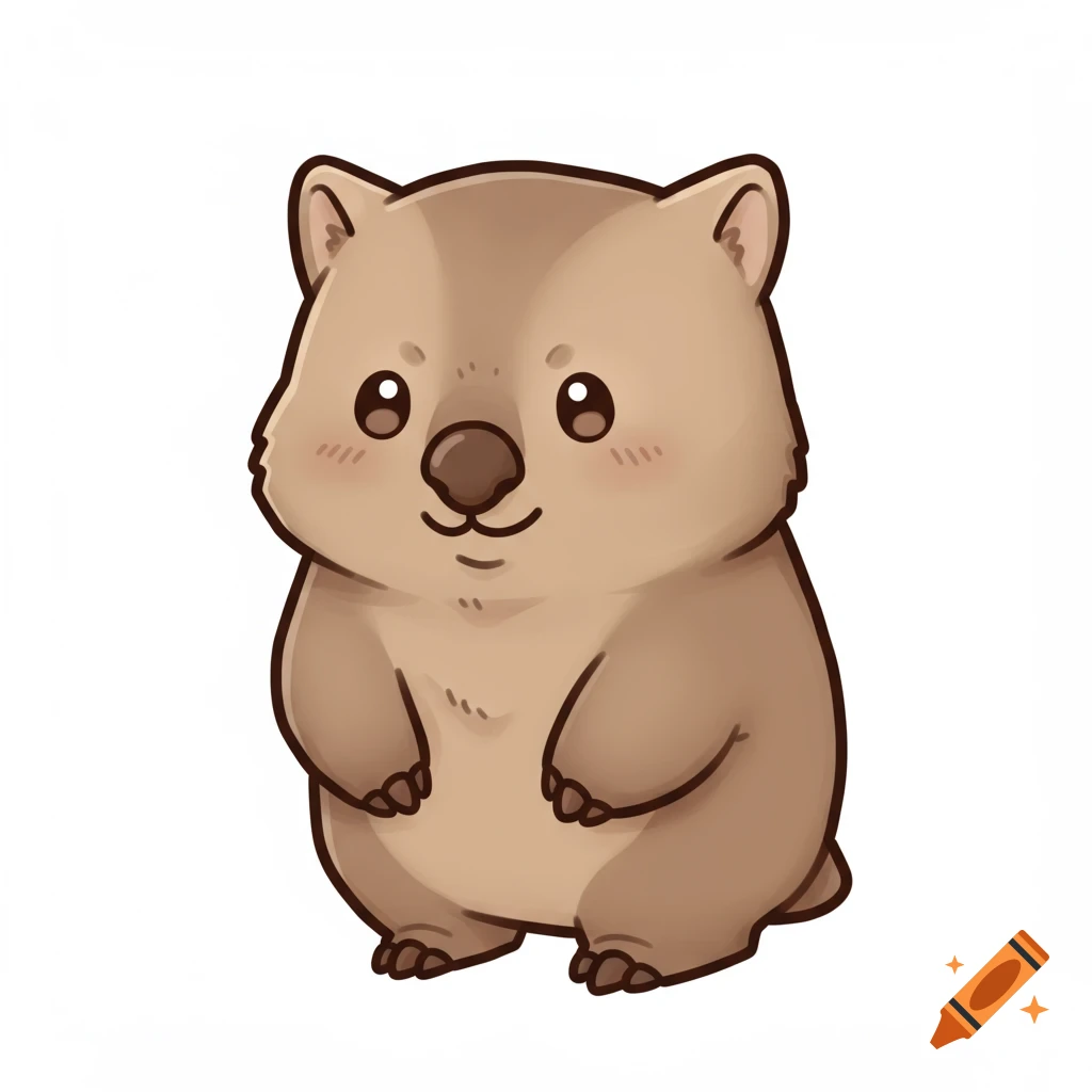 A cute cartoon wombat with big eyes and a small smile stands on a white background.