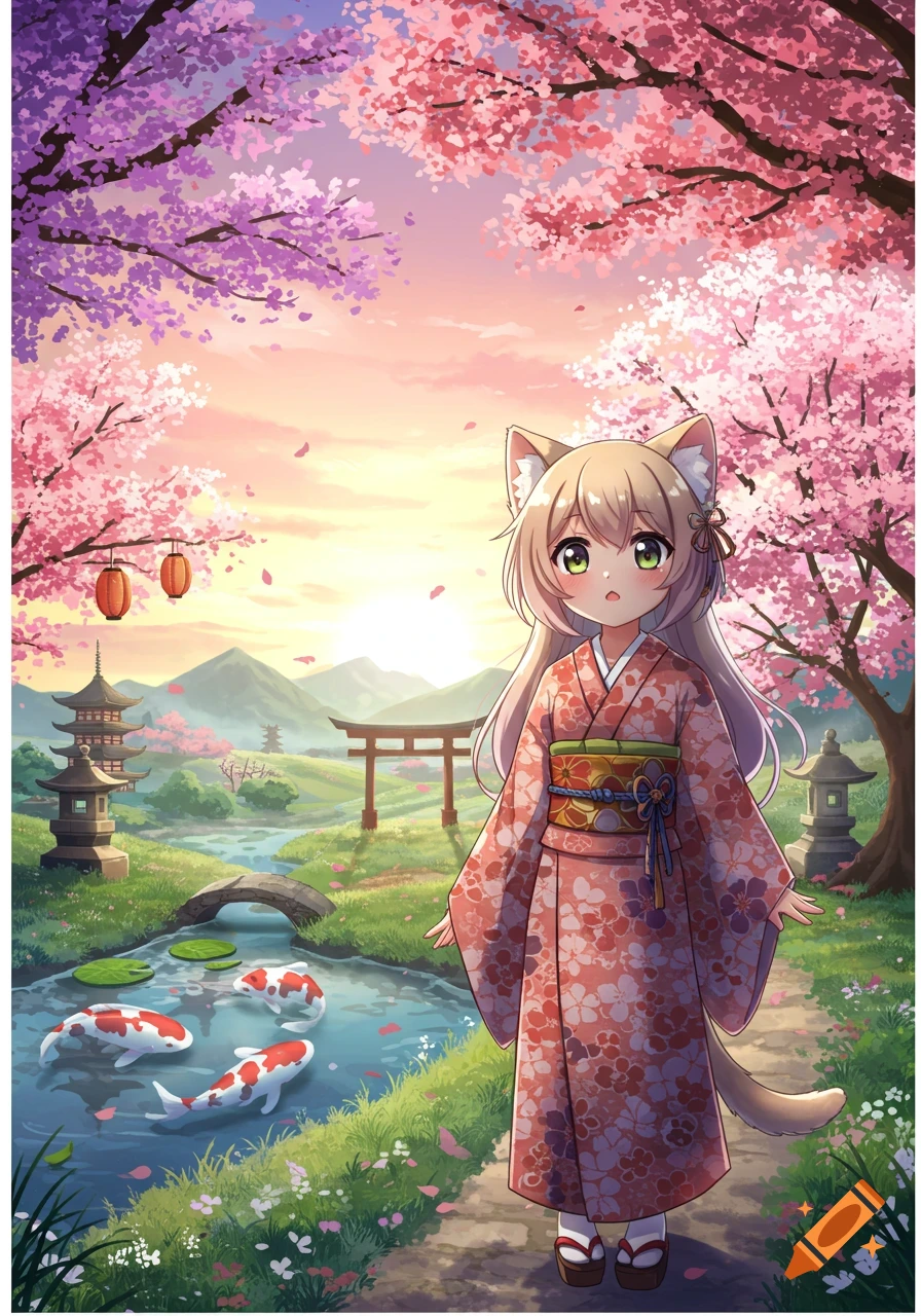 An anime cat girl in a kimono stands in a vibrant Japanese garden with cherry blossoms, a pagoda, torii gate, and koi fish in a stream at sunset.