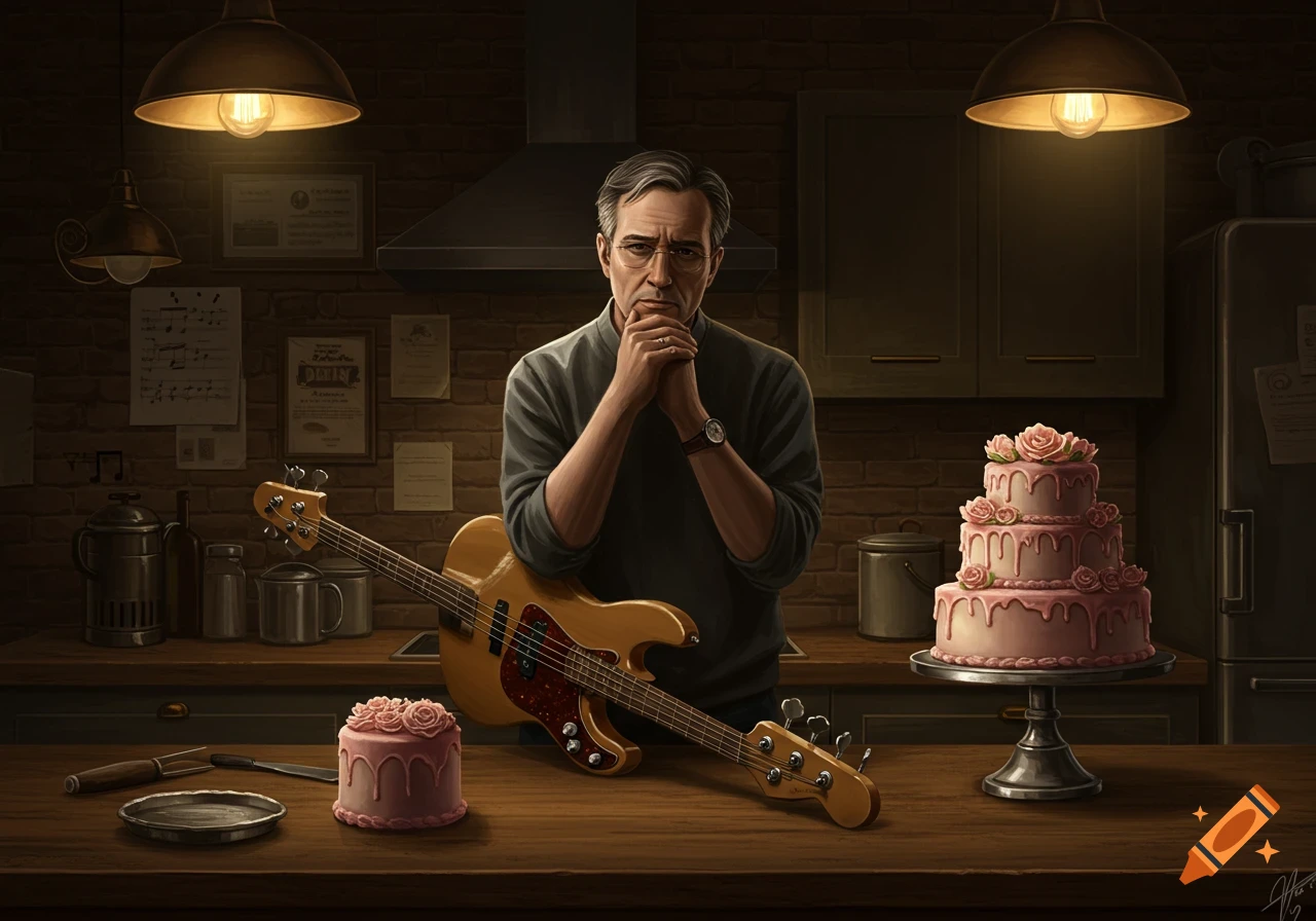 A thoughtful man with glasses stands behind a bass guitar and pink cakes on a wooden counter in a rustic kitchen.