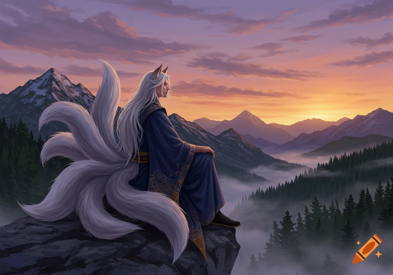 A male kitsune with long white hair and nine white tails sits on a cliff, gazing at a misty, mountainous landscape under a colorful sunset sky.