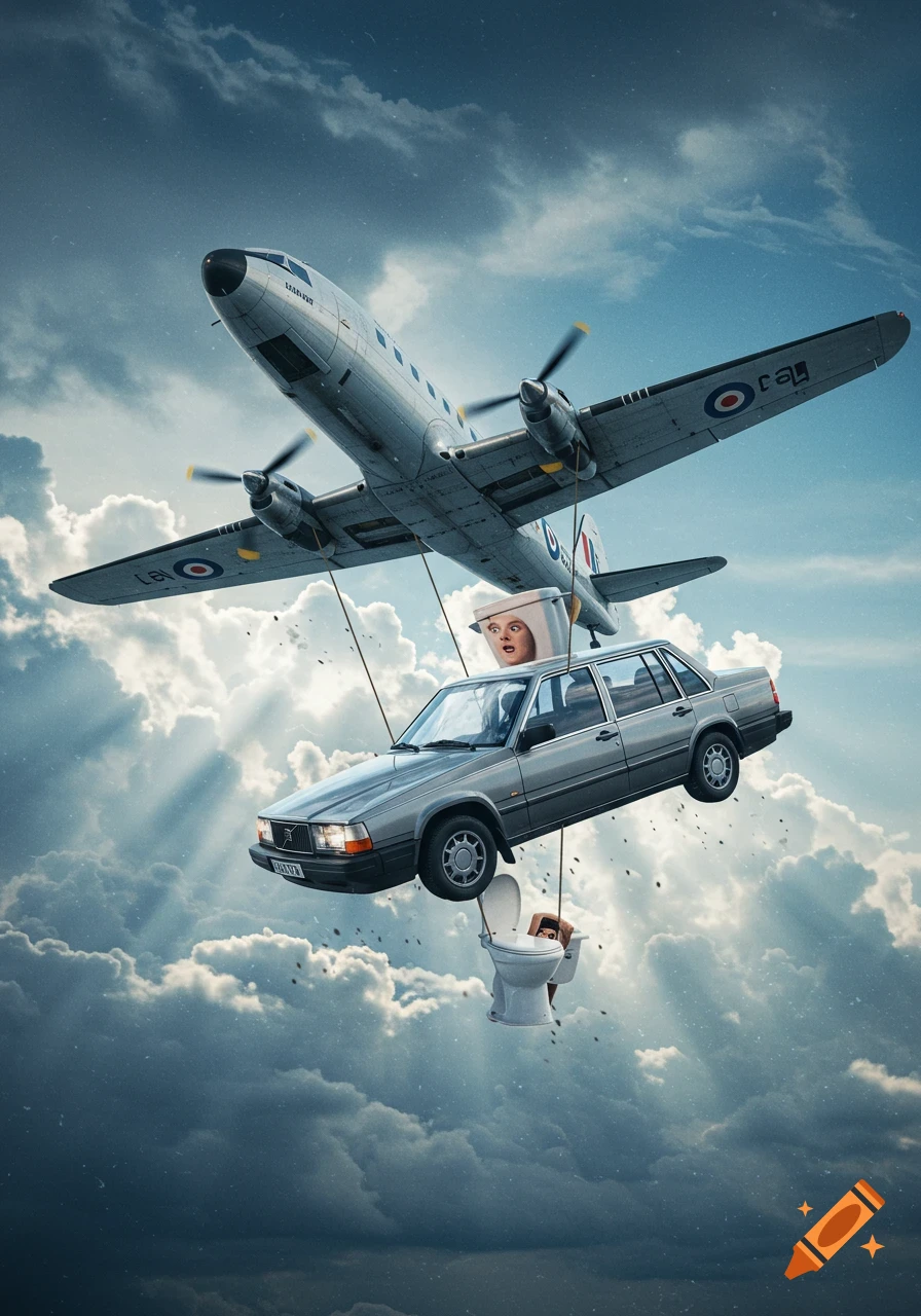 A silver plane flies in a cloudy sky, suspending a silver Volvo sedan, which in turn suspends a toilet with a face. Another face looks out from the car's roof.
