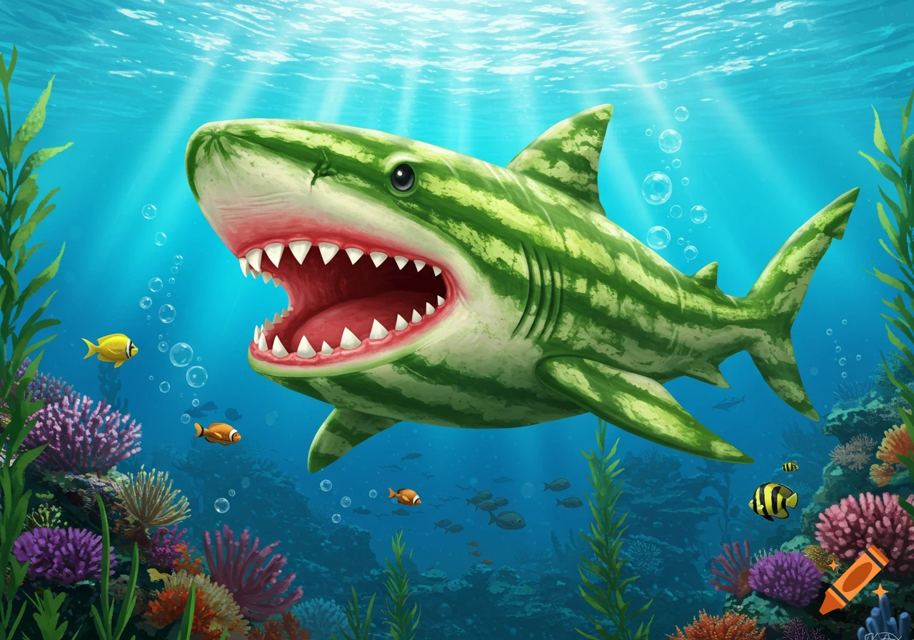 A vibrant cartoon watermelon shark with its mouth open, swimming underwater amidst colorful coral reefs and small fish.