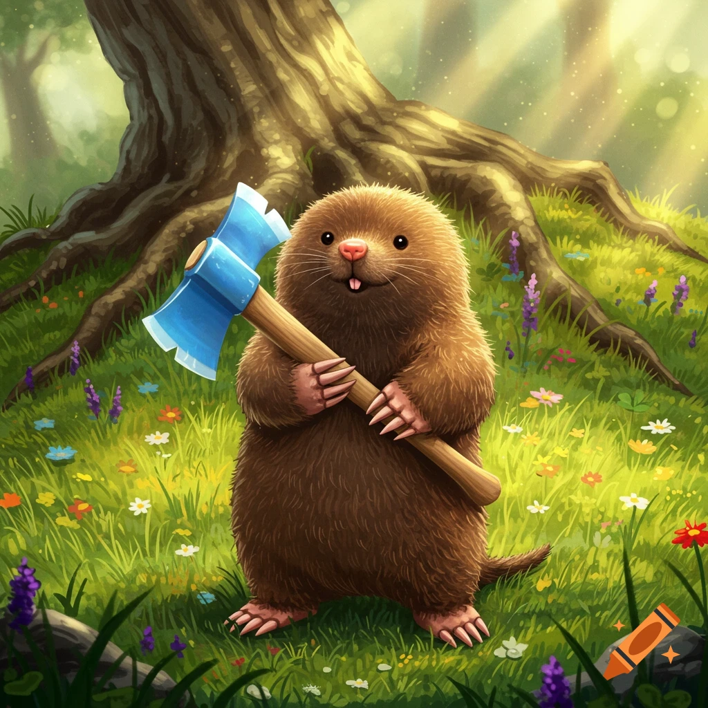 A cute cartoon mole stands in a whimsical forest clearing, holding a blue axe with both hands.