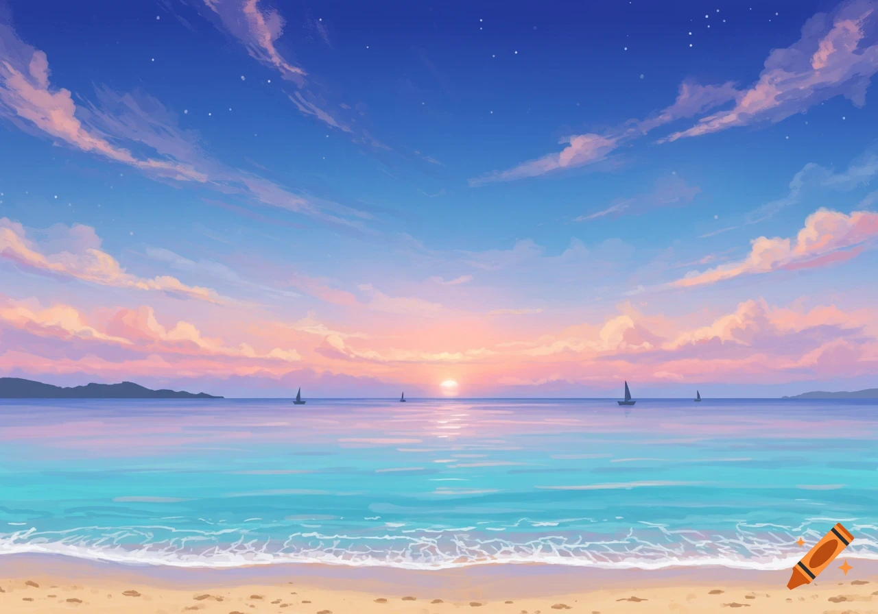 A vibrant anime-style illustration of a beach at sunset, with pink and orange clouds, turquoise water, sand, and sailboats.