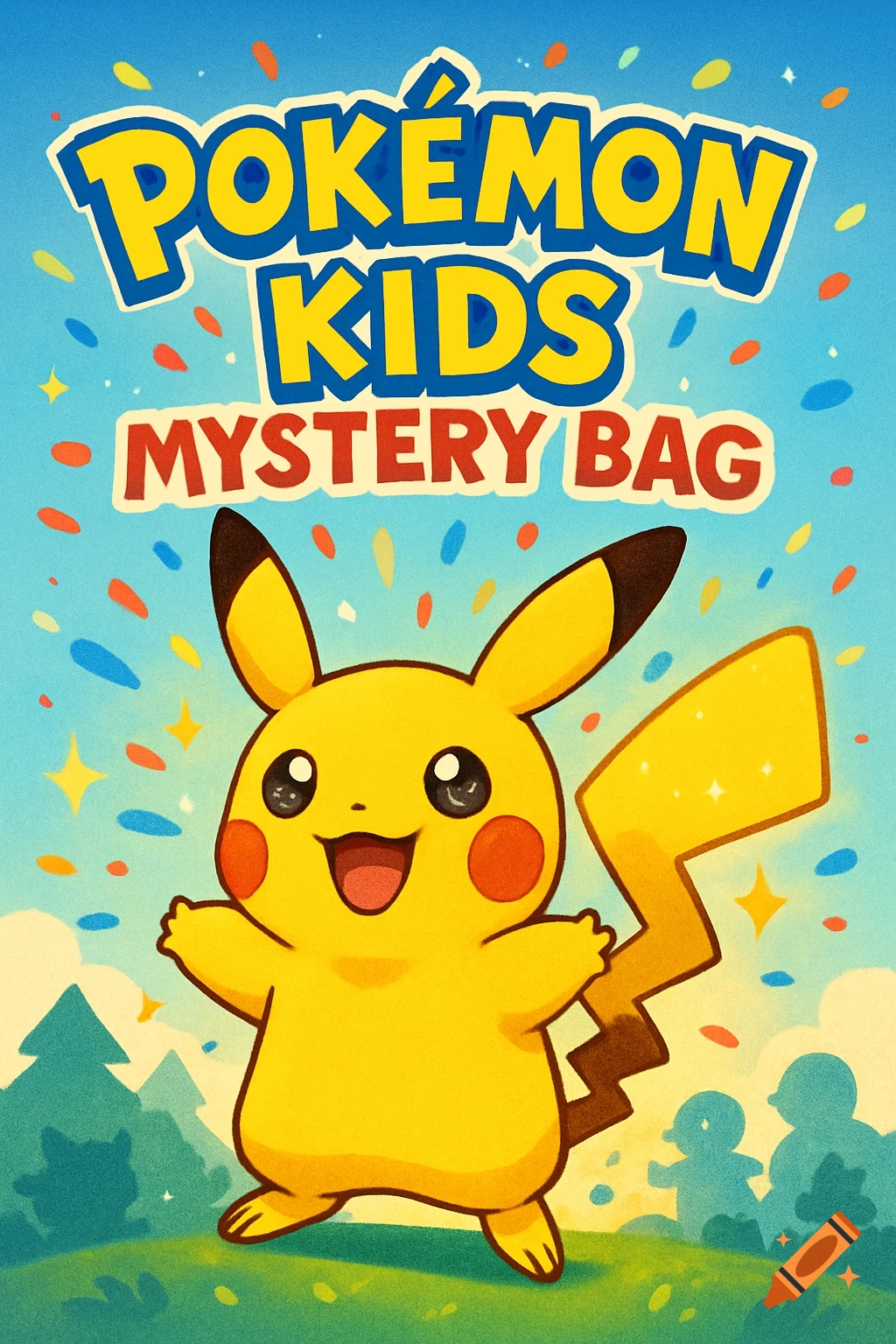 A vibrant cartoon illustration of Pikachu happily standing on a grassy hill under a blue sky, surrounded by confetti, with 'POKÉMON KIDS MYSTERY BAG' text at the top.