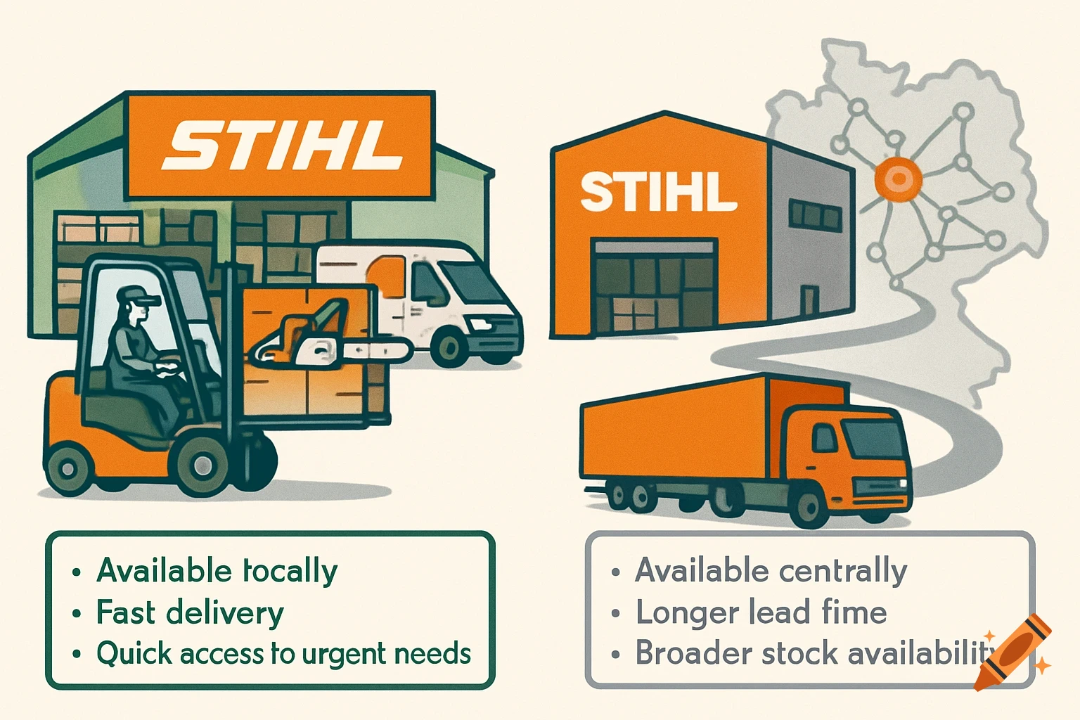 An illustration comparing local and central logistics for STIHL, showing warehouses, a forklift, delivery van, truck, and a map of Germany.