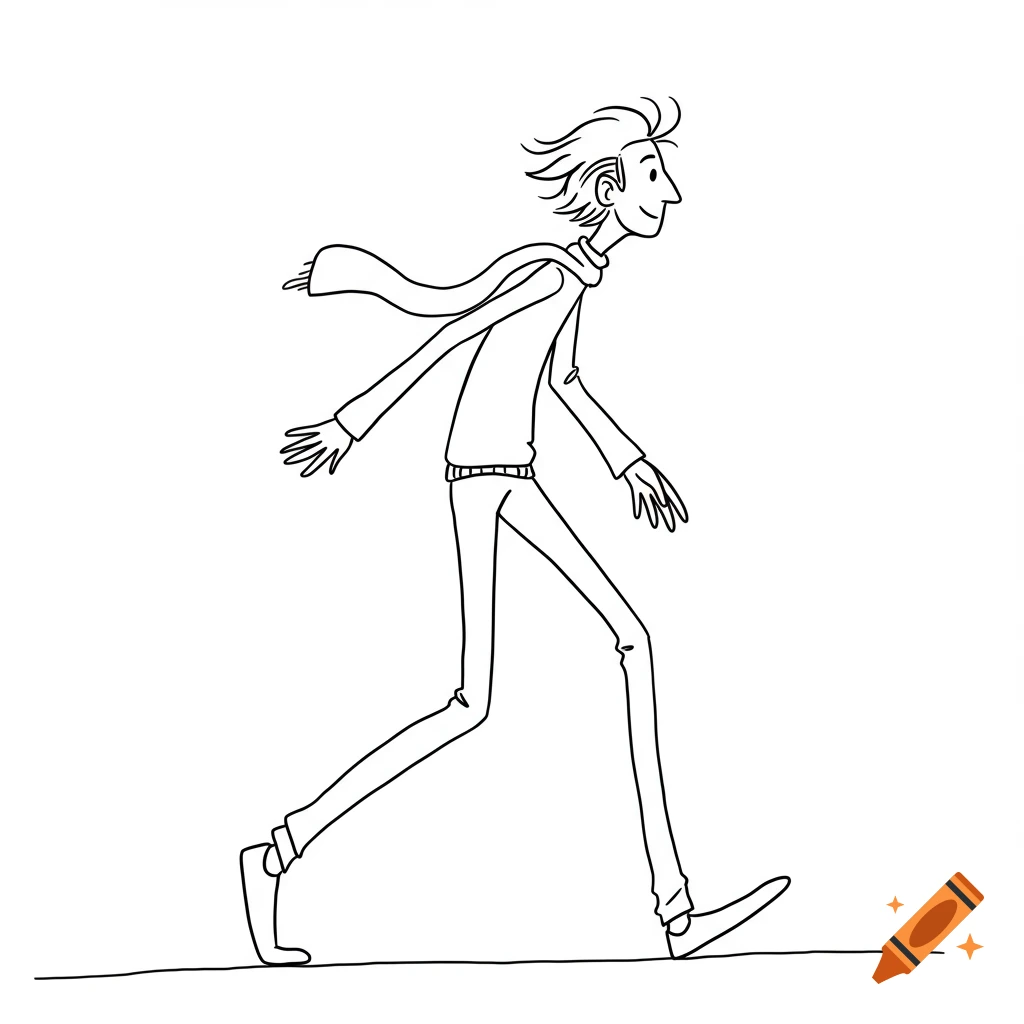 Minimalist, sketch-style line art of a lanky, goofy man walking forward with long, exaggerated steps, appearing dreamy and whimsical.