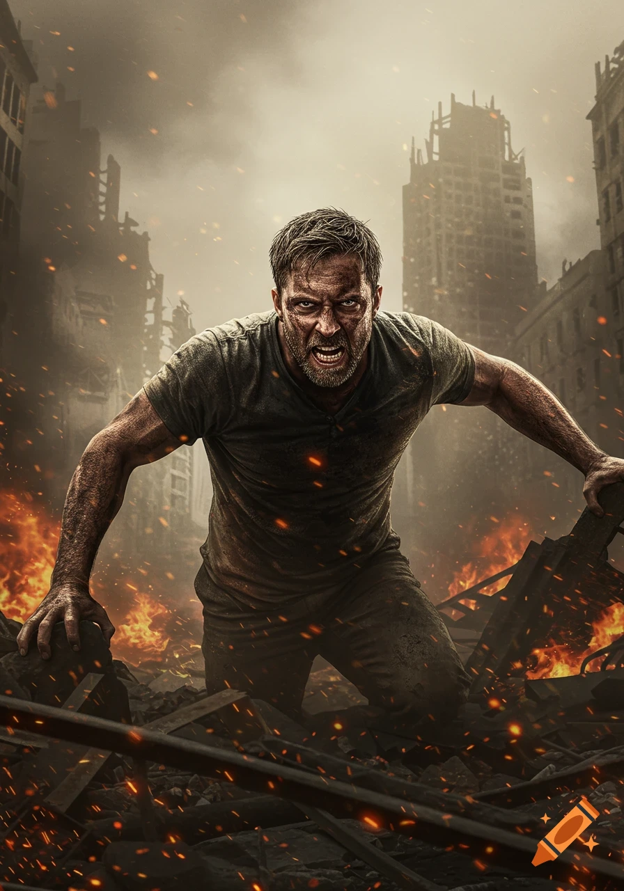 A determined, angry man covered in dirt crawls through the fiery wreckage of a destroyed city, looking up with a yell.