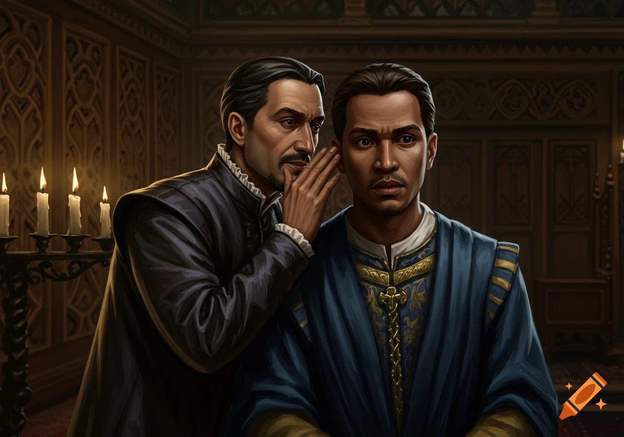 A dark-haired man in a black cloak whispers into the ear of a man in a blue robe, who looks surprised, in a dimly lit, ornate room.
