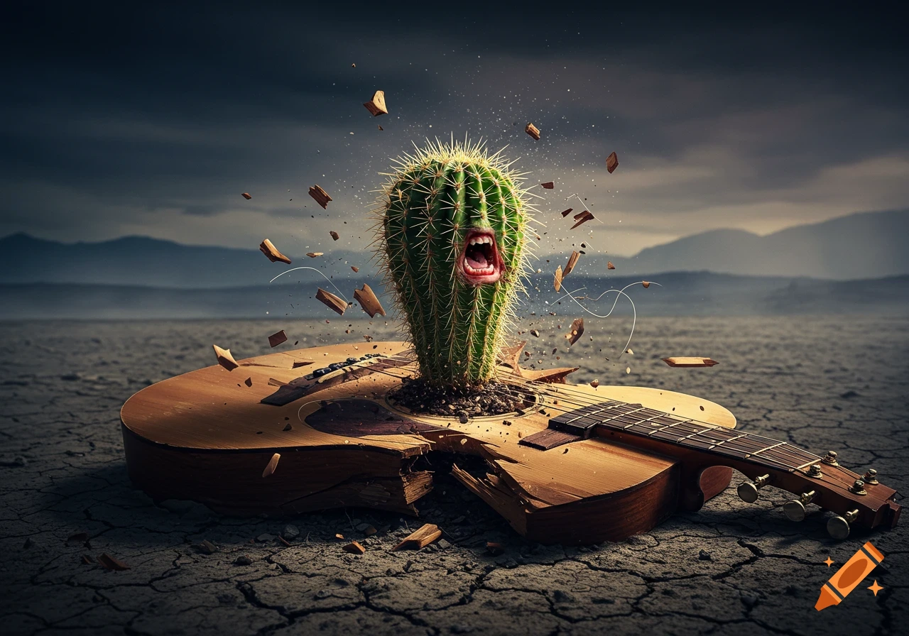 A photorealistic, angry green cactus with an open mouth bursts out of a broken acoustic guitar on dry, cracked earth under a somber sky.