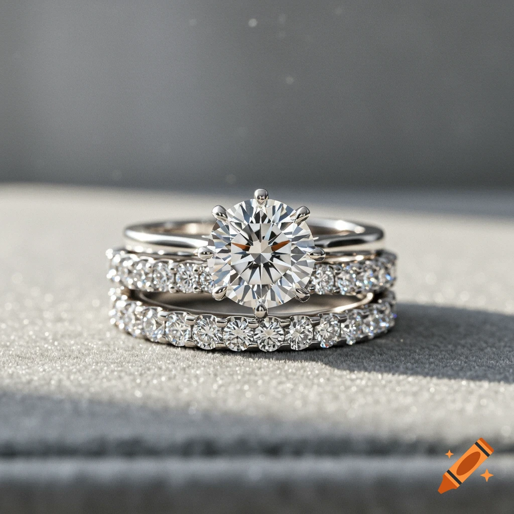 A photorealistic close-up of a silver engagement ring with a large round solitaire diamond, stacked with two pave diamond wedding bands on a sparkly gray surface.