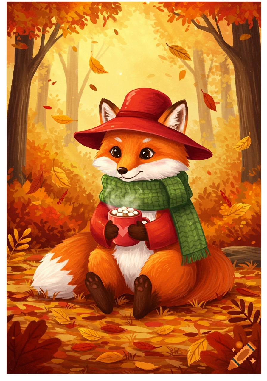A cute cartoon fox in a red hat and green scarf sits in an autumn forest, holding a mug of hot cocoa with marshmallows.