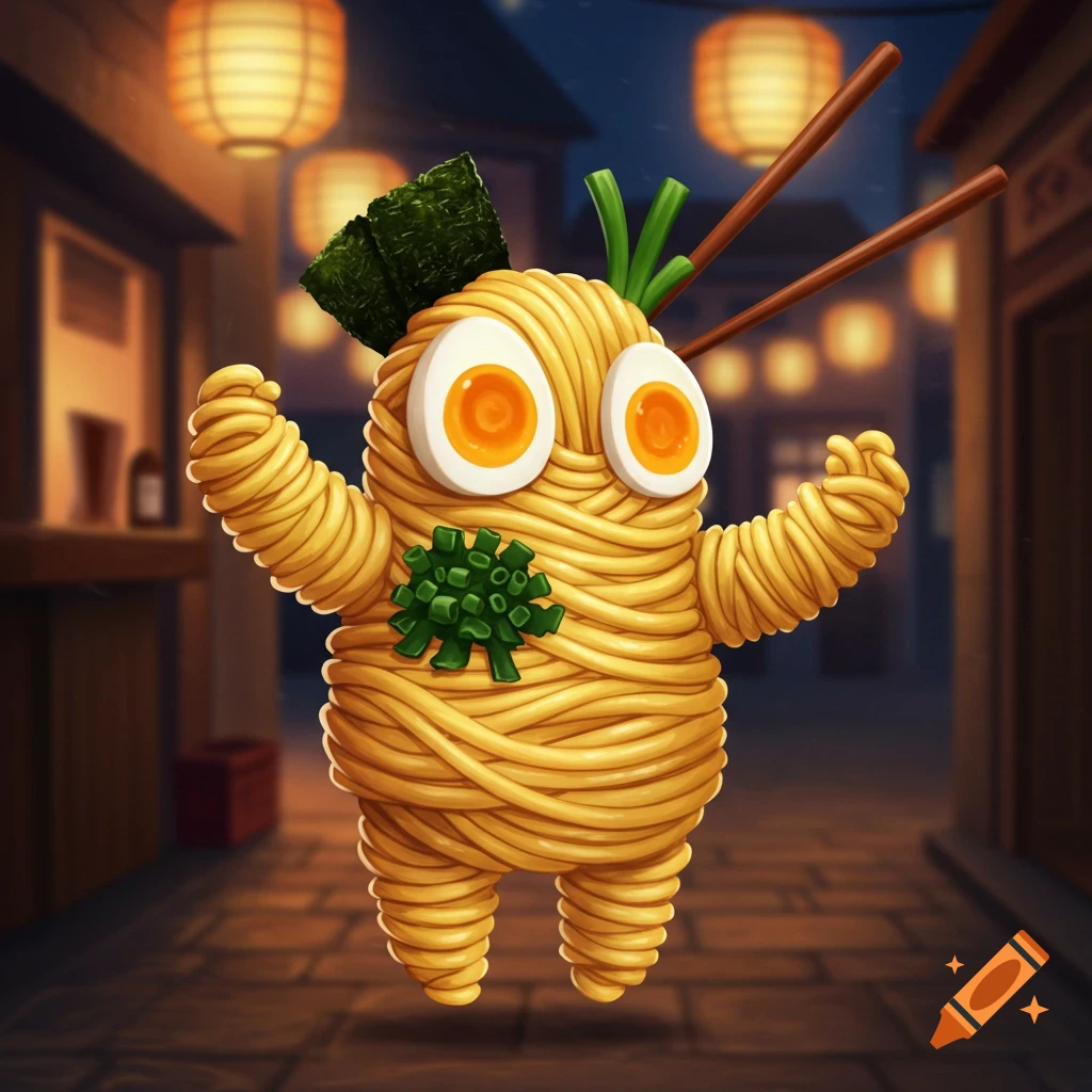 A whimsical cartoon character made of ramen noodles, with hard-boiled egg eyes, seaweed hair, and green onion chest, holding chopsticks, standing in an Asian street at night with lanterns.