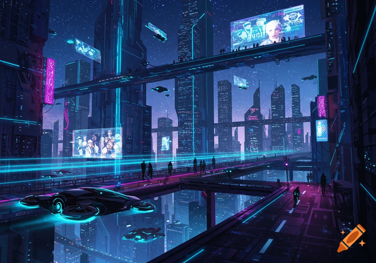 A neon-lit futuristic cityscape at night with towering skyscrapers, flying vehicles, elevated walkways, and pedestrians.