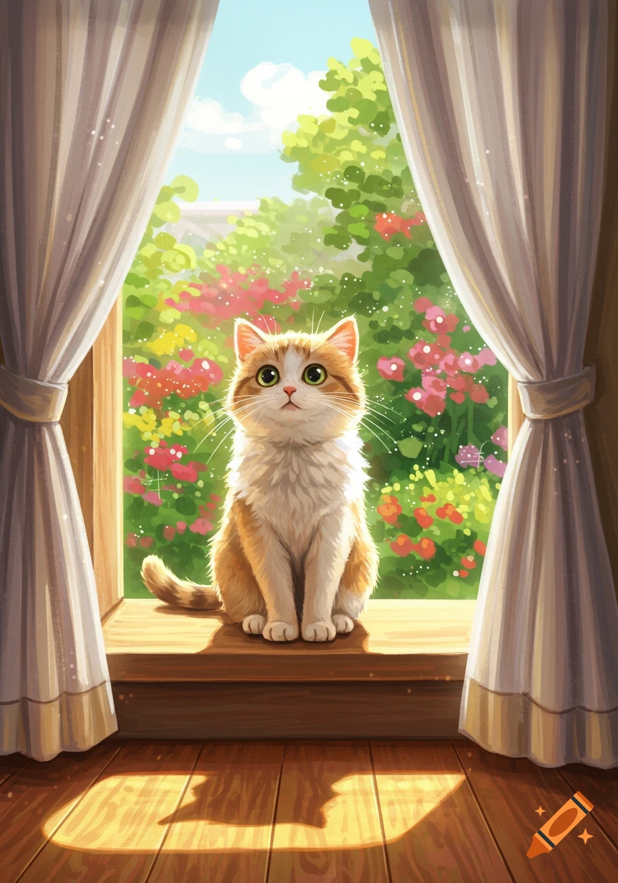 A fluffy orange and white cat sits on a windowsill, looking out at a bright, sunny garden with colorful flowers. Illustrated style.