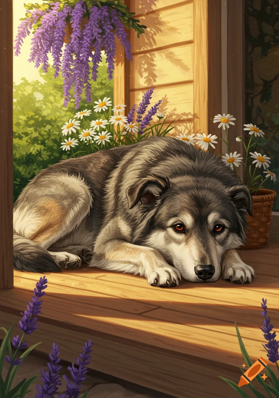 An illustration of a gray and tan dog lying on a sunny wooden porch, surrounded by purple wisteria and white daisies.