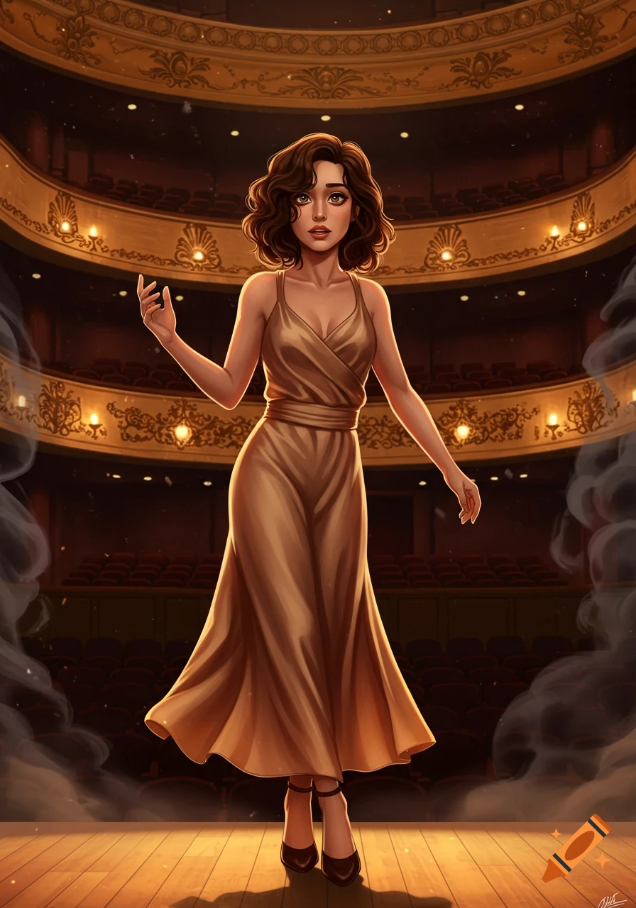 An illustrated woman with brown hair in a gold dress stands on a theater stage, surrounded by smoke and ornate balconies.