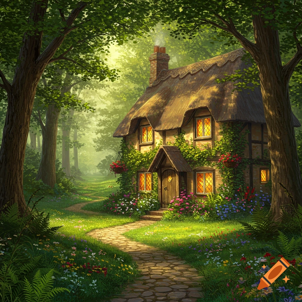 A magical, overgrown cottage with a thatched roof and glowing windows sits in a lush, sun-dappled forest with a winding stone path.