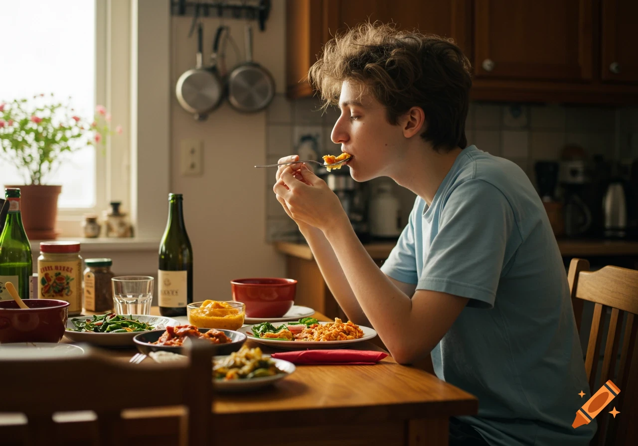 A young person with curly brown hair eats a meal with multiple dishes at a wooden table in a sunlit kitchen.