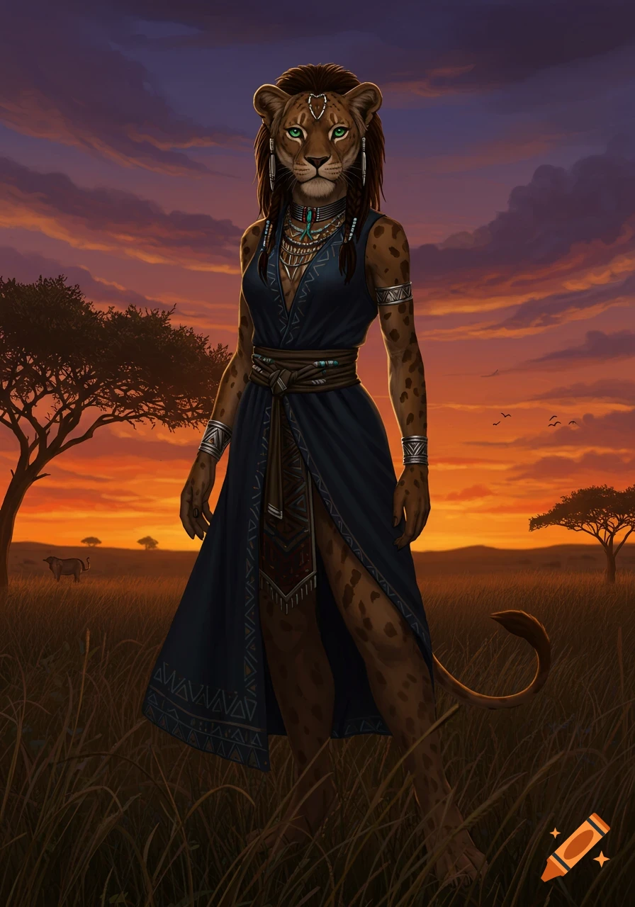 A humanoid leopard in a blue dress stands in a golden savannah at sunset.