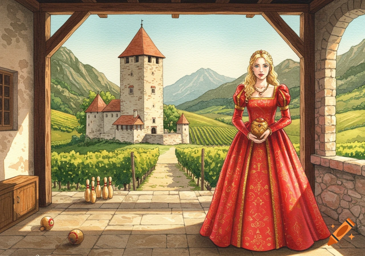 A watercolor illustration of Princess Ophelia in a red gown holding a golden bowling ball, in a castle courtyard with bowling pins, vineyards, and mountains.