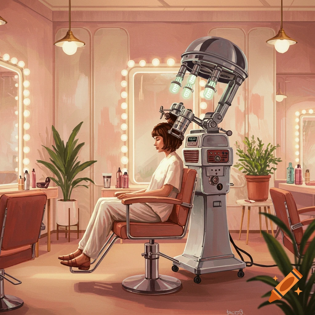 An illustration of a woman getting her hair done under a vintage hair dryer in a retro hair salon.