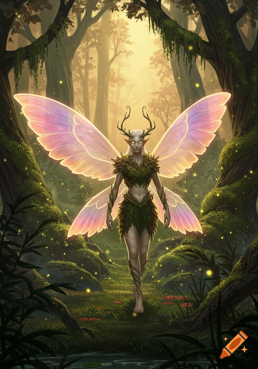 An antlered fairy creature with glowing eyes and iridescent wings, wearing leaves, walks in a mystical, golden-lit forest with fireflies, fantasy art.
