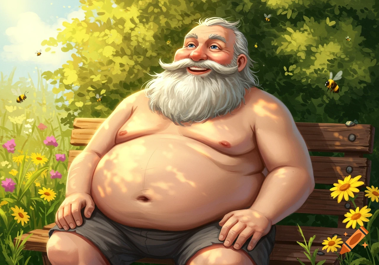 A smiling, shirtless, obese, bearded old man sits on a bench in a sunny, flower-filled garden with bees.