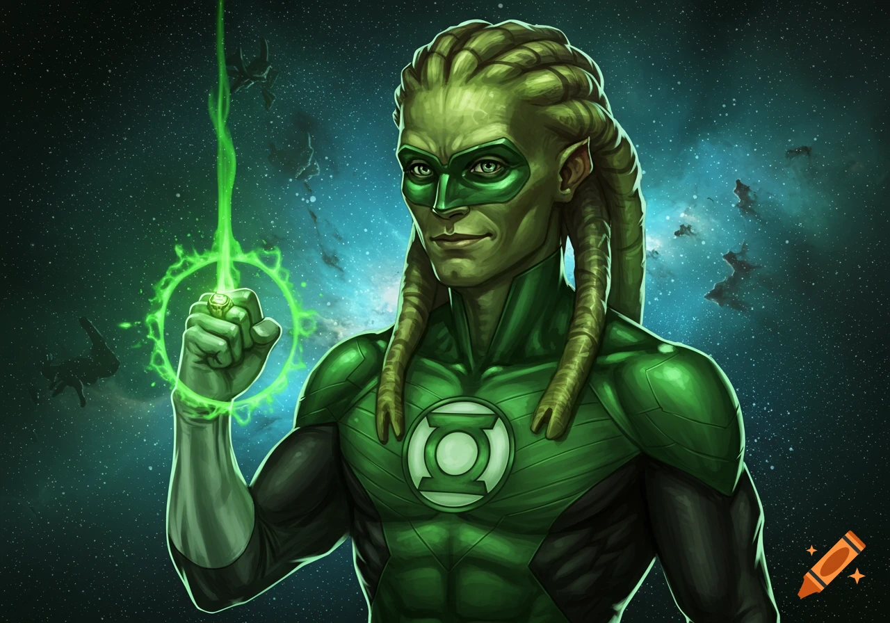 A green-skinned alien Green Lantern with dreadlocks and a mask, holding up a glowing ring in space.