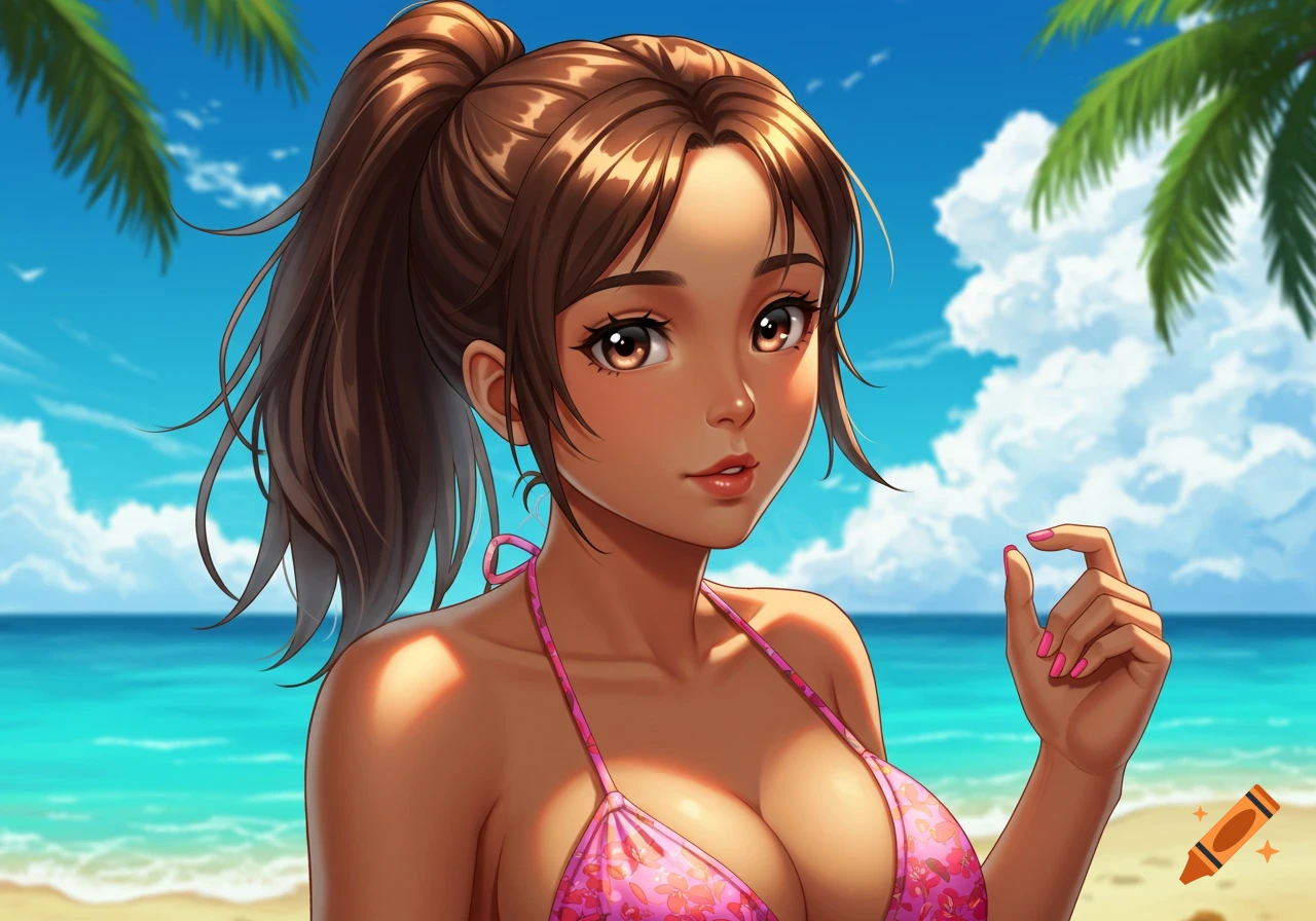 An anime girl with brown hair in a ponytail, wearing a pink bikini, stands on a beach with a blue sky and palm trees.