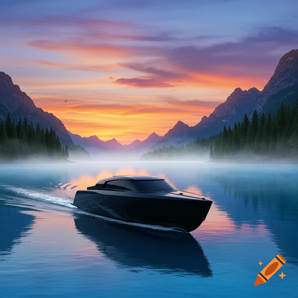 A sleek black boat glides across a misty lake at sunset, surrounded by towering mountains and pine forests.