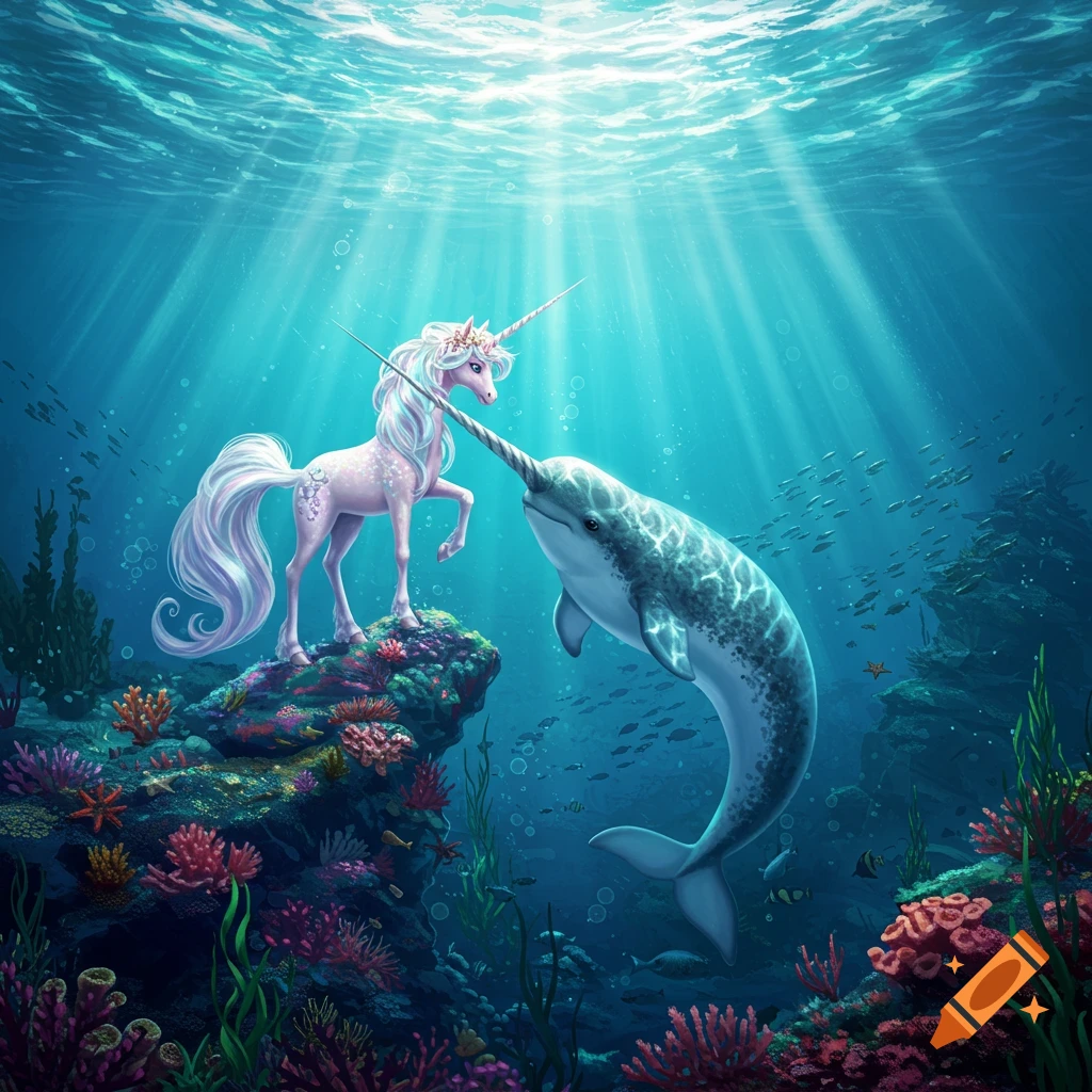 An illustrative pink unicorn with a floral crown stands on a coral rock, touching horns with a narwhal in a sunlit underwater scene.
