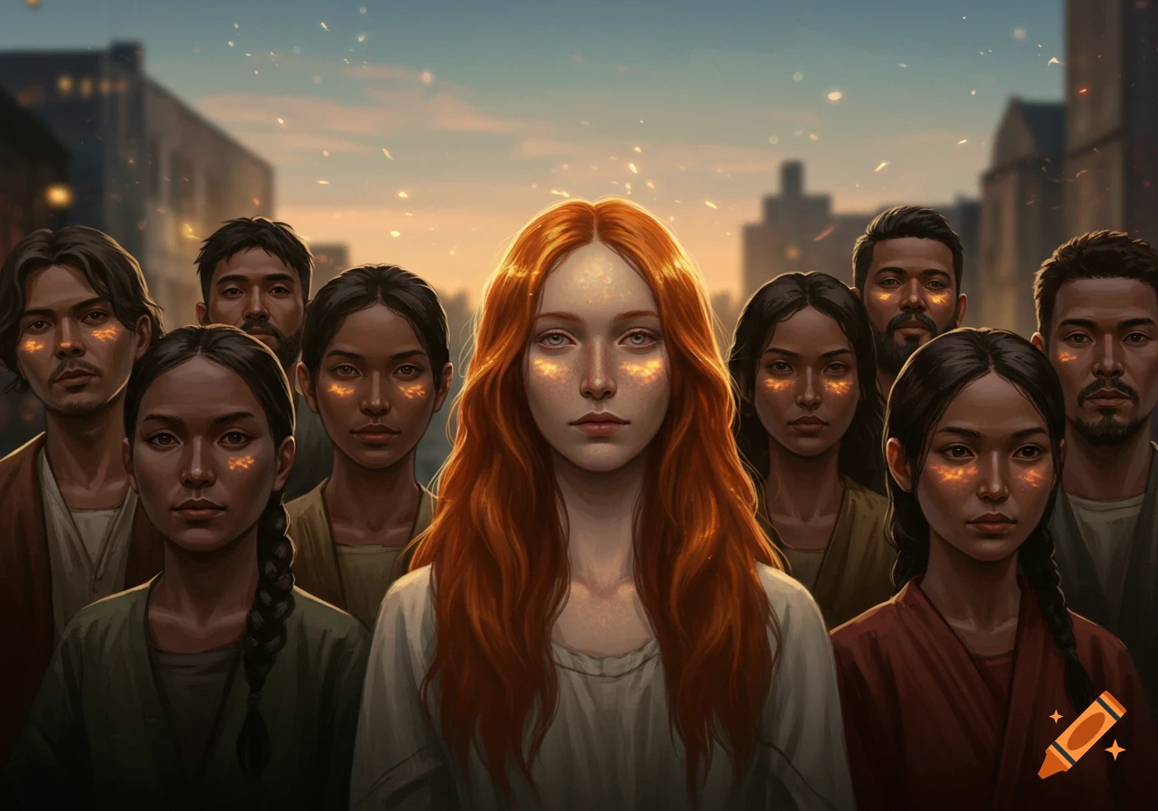 A diverse group of people with glowing gold marks on their faces, standing together under a sunset sky, with a pale red-haired woman at the center.