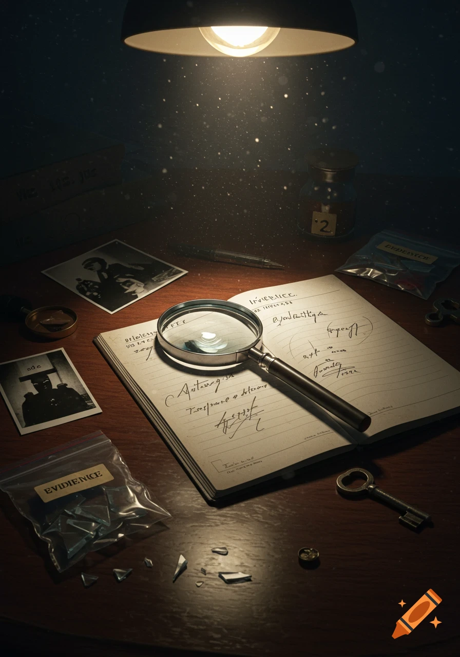 A dimly lit wooden desk with a magnifying glass on an open notebook, various papers, black and white photos, an old key, and a plastic baggie with broken glass labeled "EVIDENICE".