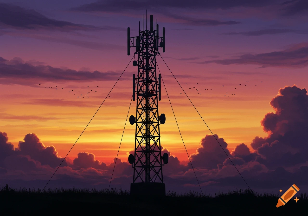 Silhouette of a communication tower against a vibrant purple and orange sunset sky with scattered clouds and birds.