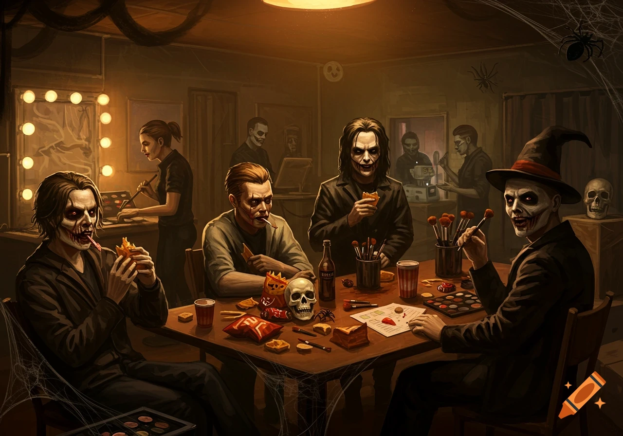 Haunted house actors in horror makeup take a snack break at a Halloween-decorated backstage table while staff work in the background.