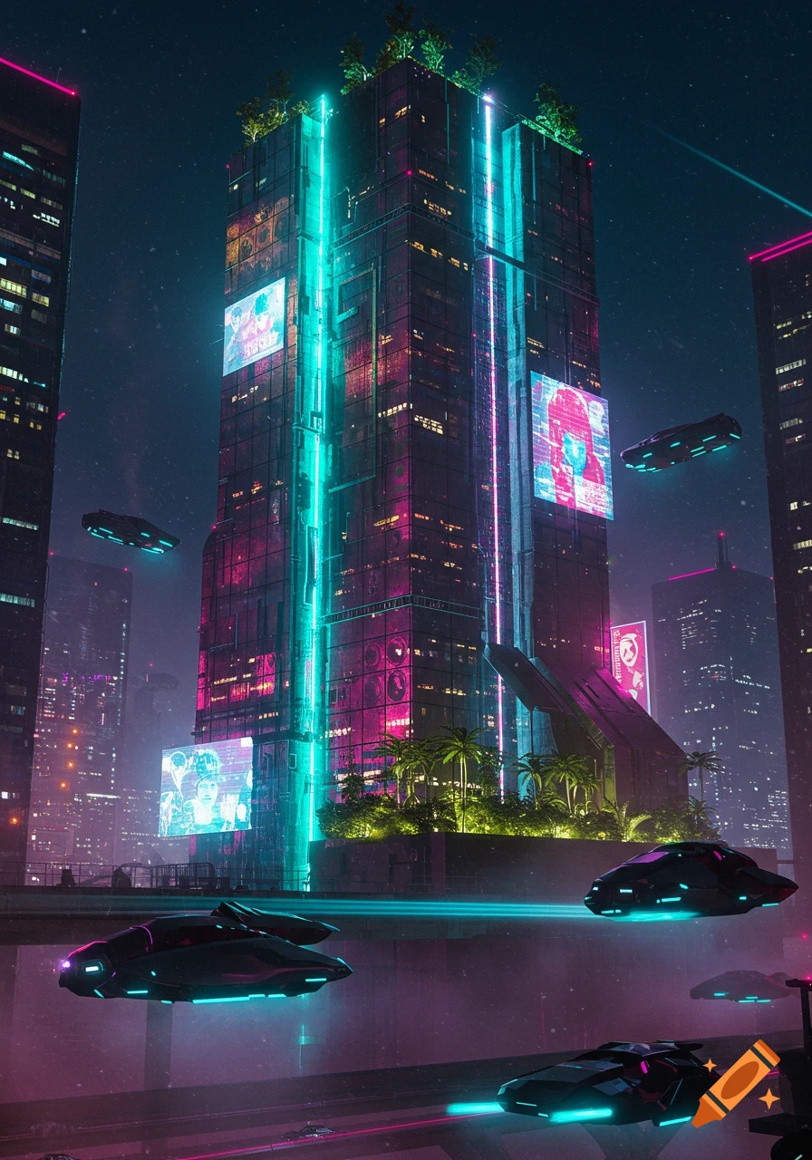 A futuristic cyberpunk city at night, with towering skyscrapers adorned with neon lights and digital screens, and flying vehicles traversing the sky.