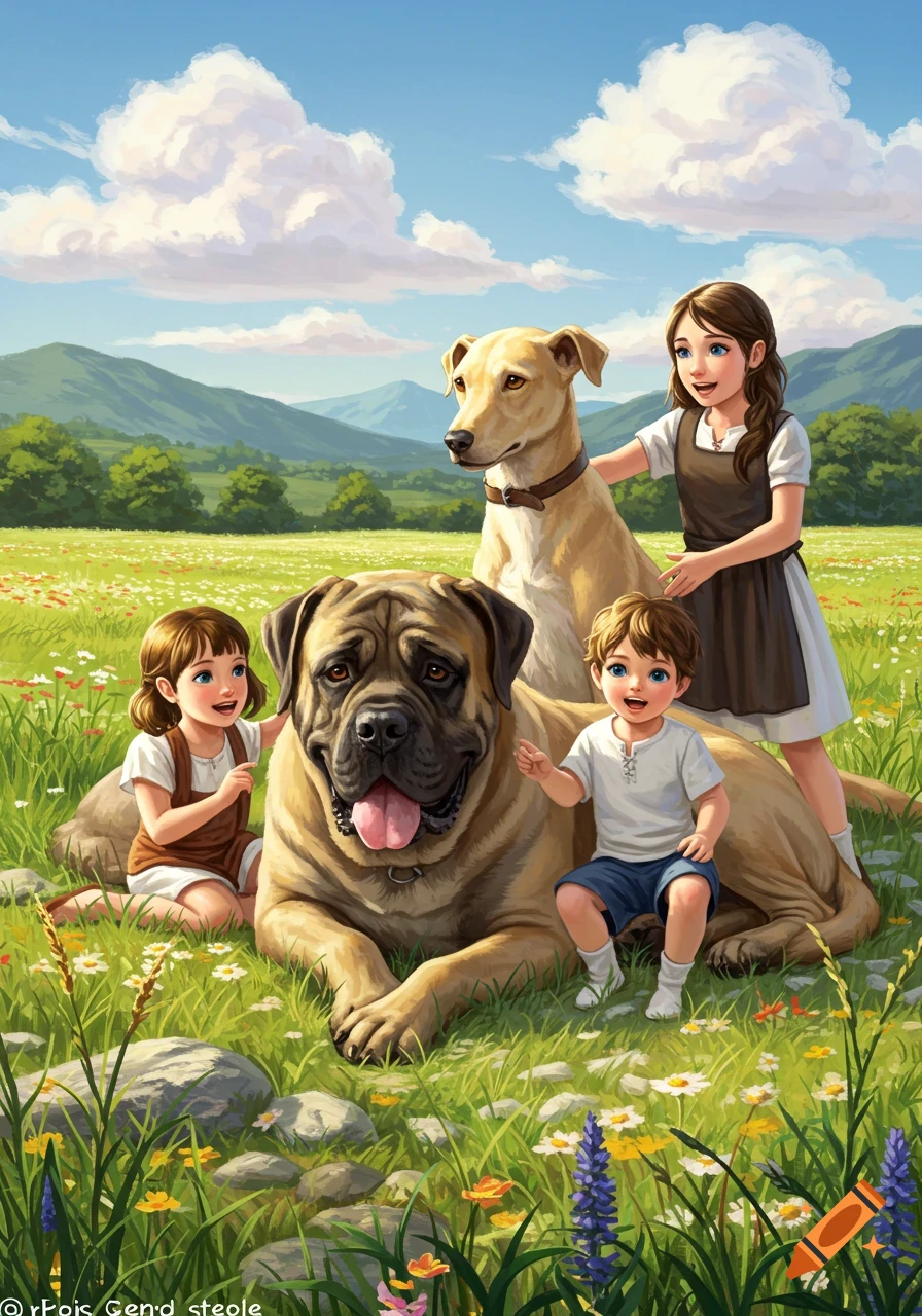 Two girls and a boy play happily with a large Mastiff and another dog in a bright green field with wildflowers, under a blue sky, digital illustration.